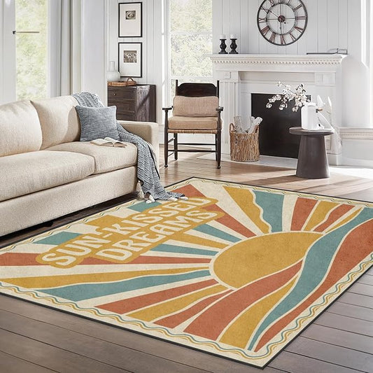 Area Rugs 5'x7' Washable Rug, Retro Sunburst Boho Stain Resistant Non Slip Backing Sunset Vintage Carpet for Living Room Bedroom Dining Room