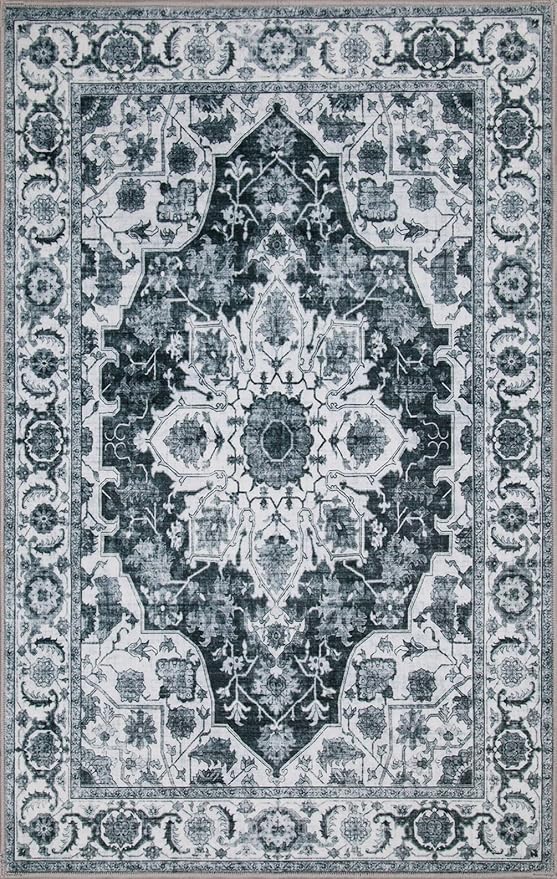 WILLSUN Washable Area Rugs, 5x7 Non-Slip Boho Large Area Rugs for Living Room, Bedroom, Machine Washable Vintage Rug, Indoor Floral Print Carpet for Home Decor, Kid & Pet Friendly Mat