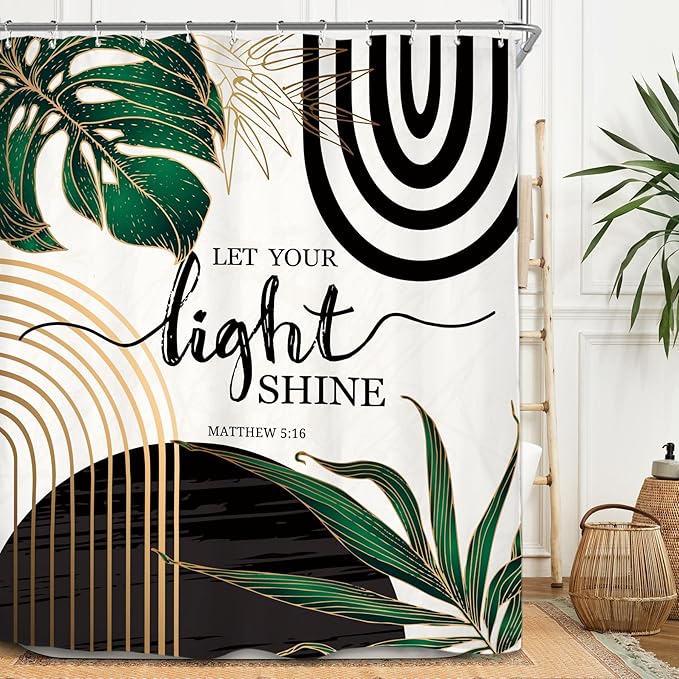 Miyotaa Abstract Emerald Green Minimalist Shower Curtain Set 60Wx71H Inches Minimalist Bible Mid Century Aesthetic Modern Inspirational Plant Leaves Waterproof Bathroom Curtain with 12 Hooks