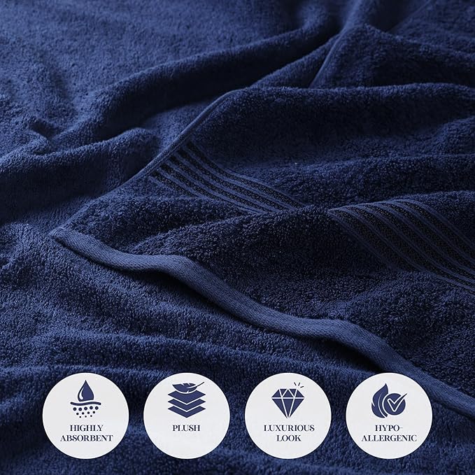 Superior Egyptian Cotton 3-Piece Towel Set, Assorted Towels for Home Bathroom, Master, Guest Bath, Decor Essentials, Includes 1 Bath, 1 Hand, 1 Face Towel/Washcloth, Quick Dry, Absorbent, Navy Blue