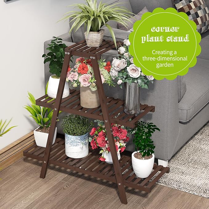 BMOSU Plant Stand Bamboo for Indoor Outdoor Tiered Plant Shelf 8 Potted Flower Holder Ladder Rack Garden Balcony Living Room Patio(3 Tier Brown)