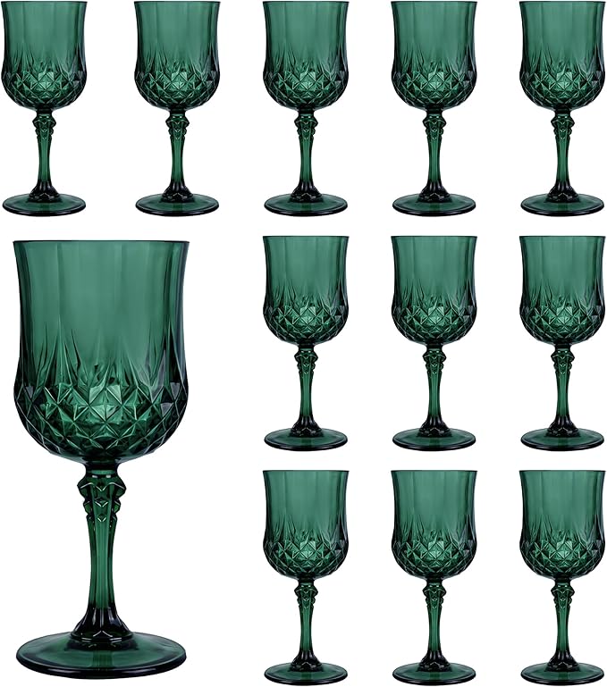 Plastic Wine Glasses, Plastic Goblets Vintage Style Cordial Drinking Glasses for Valentine’s Day, Wedding Reception, Grand Event Party Supplies (12, Green)