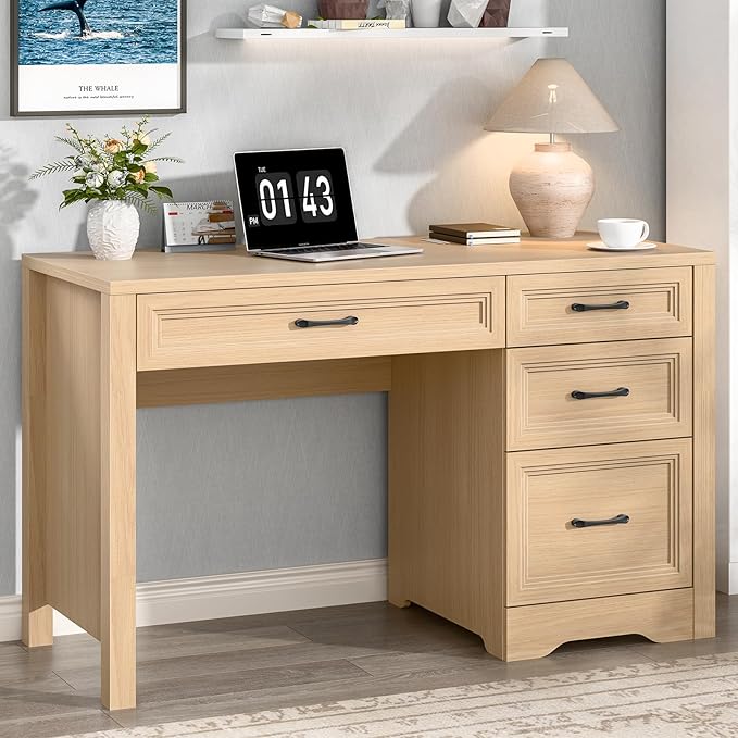 Vabches Farmhouse Executive Desk with Storage and Ample File Drawer, Rustic Large Home Writing Desk for Bedroom, Natural