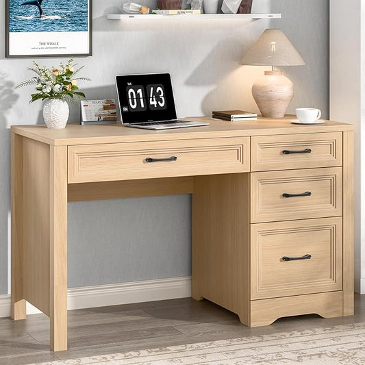 Vabches Farmhouse Executive Desk with Storage and Ample File Drawer, Rustic Large Home Writing Desk for Bedroom, Natural