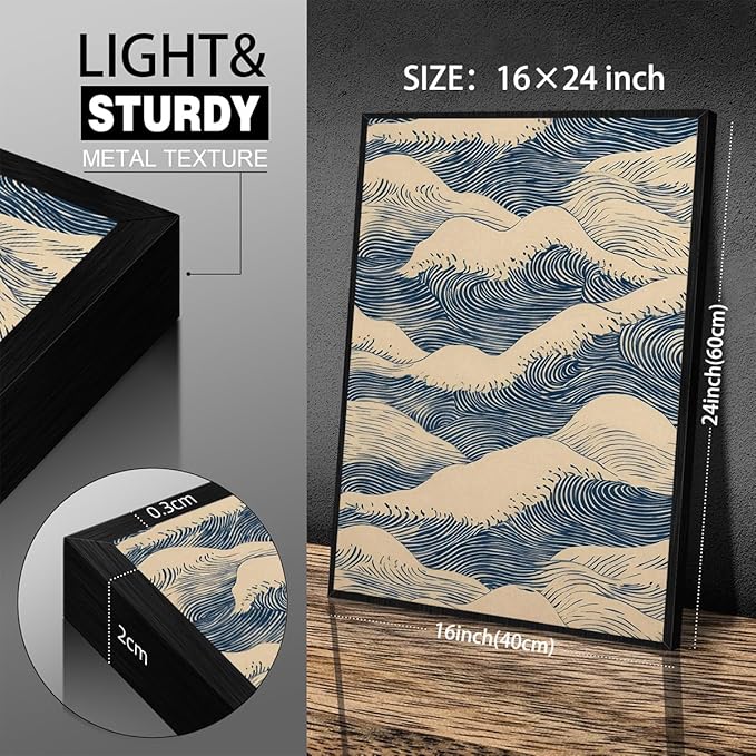 Japanese Blue Wave Canvas Poster Modern Abstract Geometric Wall Art 16X24 inch Black Framed Vintage Mid-Century Wabi Sabi Prints for Minimalist Living Room Dorm Wall Decor