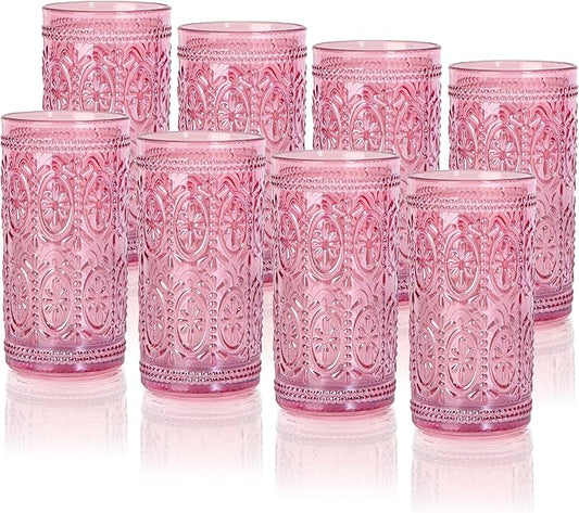 Darlion Pink Drinking Glasses, Highball Glass Cups, Pink Glassware, Drinking Glasses Set of 8, Vintage Water Cups for Party Wedding Gift