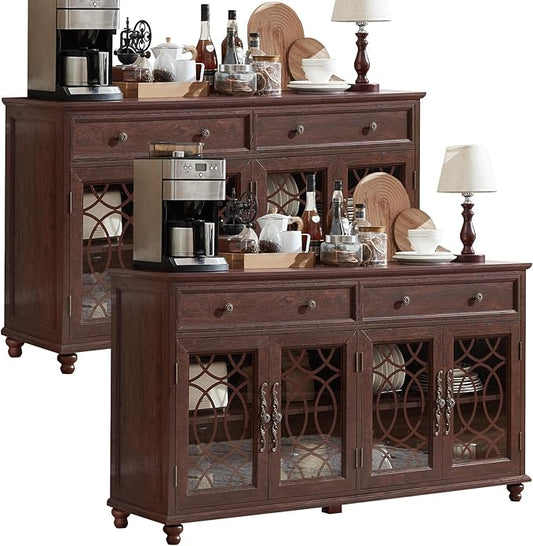 Large Sideboard Buffet Cabinet Set of 2 with Storage,59" Credenza with 4 Glass Doors & 2 Drawers,Adjustable Shelves Coffee Bar,Wood Kitchen Console Table for Dining Room,Walnut