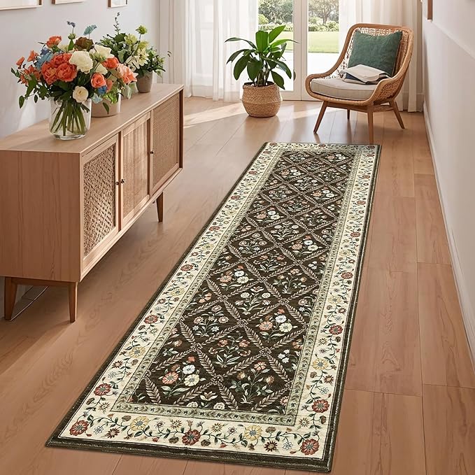 GarveeHome Runner Rug for Hallway Entryway 2.5x8 Farmhouse Floral Non-Slip Machine Washable Kitchen Rug Runner Non-Shedding Low-Pile Soft Long Carpet for Entrance Laundry Room Brown