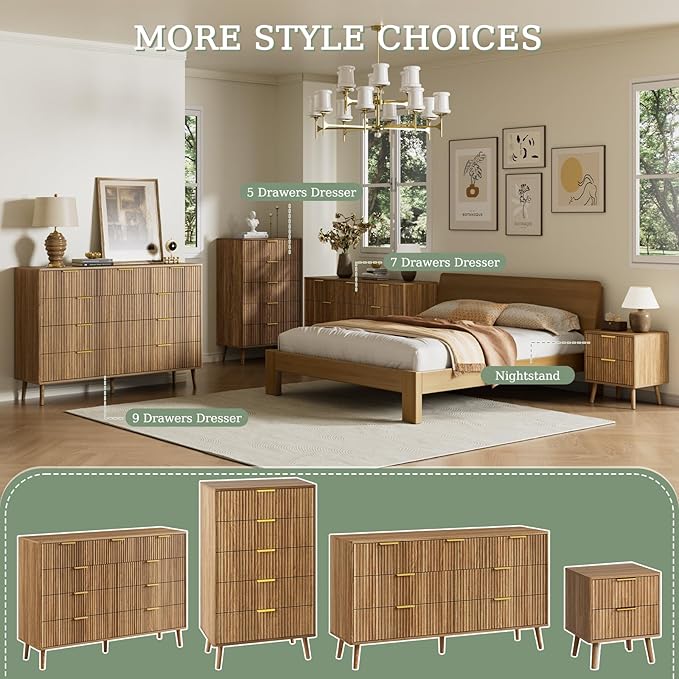 LYNSOM 55" Wide Fluted Dresser for Bedroom with 7 Drawer, Modern Chest of Drawers with Curved Profile Design and Metal Handles, Wood Dresser TV Stand & Storage Organizer for Living Room, Walnut
