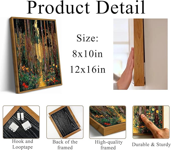 Floating Framed Gustav Klimt Forest Path Canvas Wall Art, Boho Floral Trees Print Poster, Colorful Abstract Nature Wall Decor Picture, for Modern Living Room and Bedroom Home Decoration, 8x10in