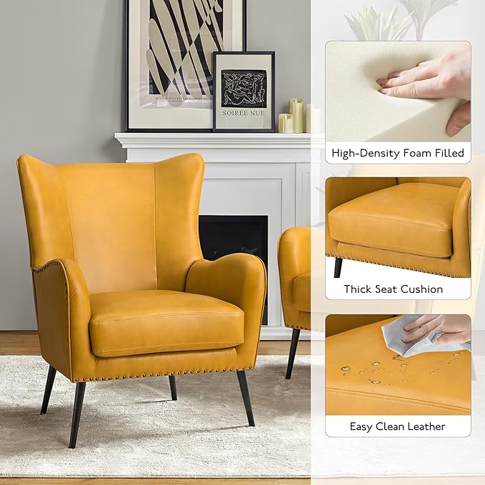 HULALA HOME Faux Leather Accent Chair Set of 2 with Removable Cushion, Comfy Upholstered Armchair with Metal Legs & Nailhead Trim Wingback Vanity Chair for Reading Living Room Bedroom, Yellow