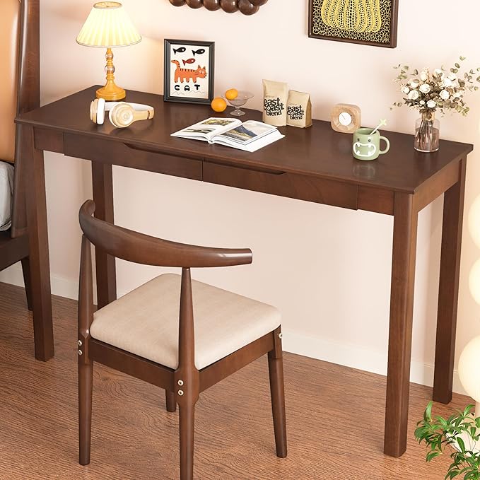 100% Solid Wooden Desk with Drawers - 47 x 16 Inch Mid Century Narrow Desk, Vintage Writing Desks with Drawers, Simple Work Study Table, Small Desks for Small Spaces, Walnut Color