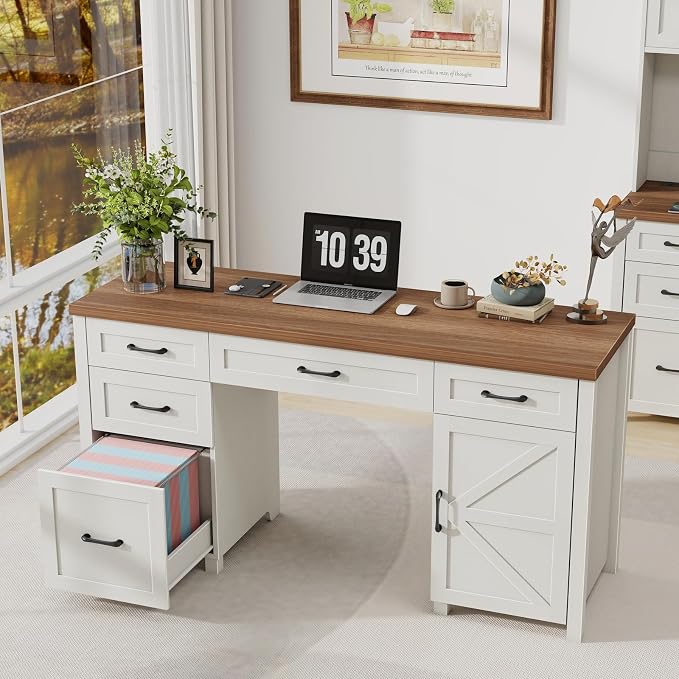 Vabches Farmhouse 61'' Executive Desk with 5 Drawers, Rustic Office Desk Computer Table with File Drawers and Storage Cabinet, Wood Workstation for Study and Home Office,(Unique White)