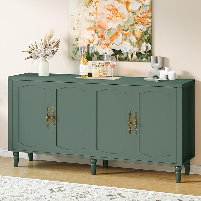 63" Sideboard Buffet Cabinet with Storage, Mid Century Modern Credenza with Adjustable Shelves & Carved Handle, Wood Kitchen Buffet Table Coffee Bar for Dining Room Living Room - Forest Green