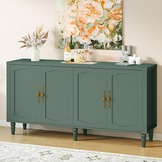 63" Sideboard Buffet Cabinet with Storage, Mid Century Modern Credenza with Adjustable Shelves & Carved Handle, Wood Kitchen Buffet Table Coffee Bar for Dining Room Living Room - Forest Green