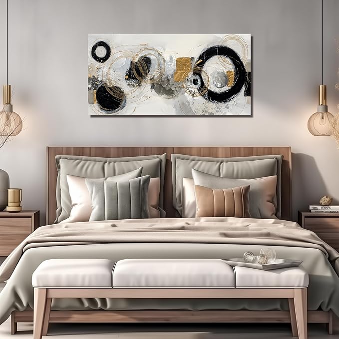 Abstract Circle Canvas Wall Art for Office Modern Wall Decor for Dining Room Black White Gold Pictures Wall Art for Bedroom Size 24 x 48 Inch