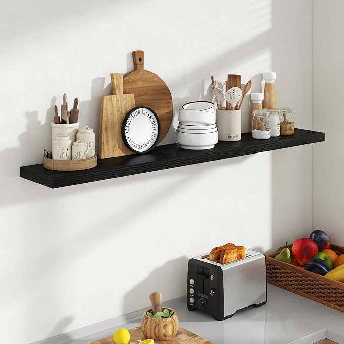 55 Inch Floating Shelves, 8 Inch Deep Floating Shelves for Wall, Hanging Shelf with Invisible Brackets, Deep Shelves for Bathroom, Bedroom, Living Room, Black, Set of 1