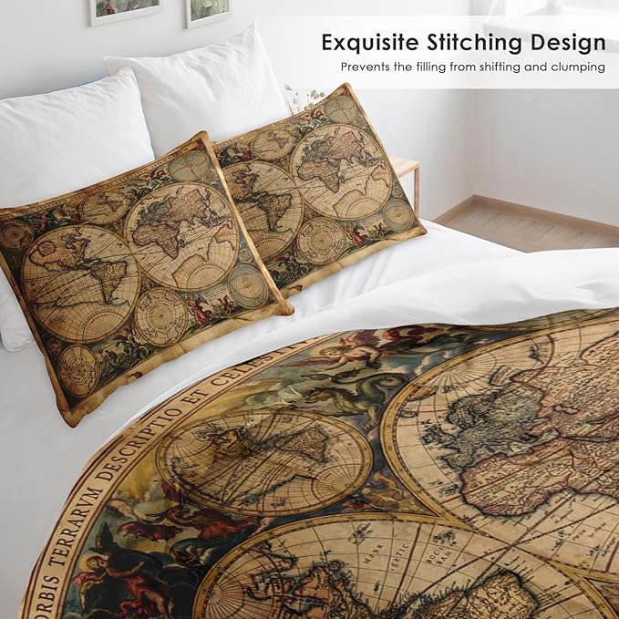 Pamnest Comforter Set King Size, Vintage World Map Soft 3 Pcs Bedding for Kids and Adults, Old Ancient America Comforter Set with 2 Pillowcases for Bedroom Bed Decor