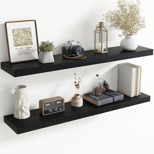 48 Inch Floating Shelves for Wall, 8 Inch Deep Floating Shelf for Storage & Display, Rustic Wall Mounted Shelf with Invisible Brackets for Living Room, Kitchen, Bathroom, Home Decor, Set of 2, Black