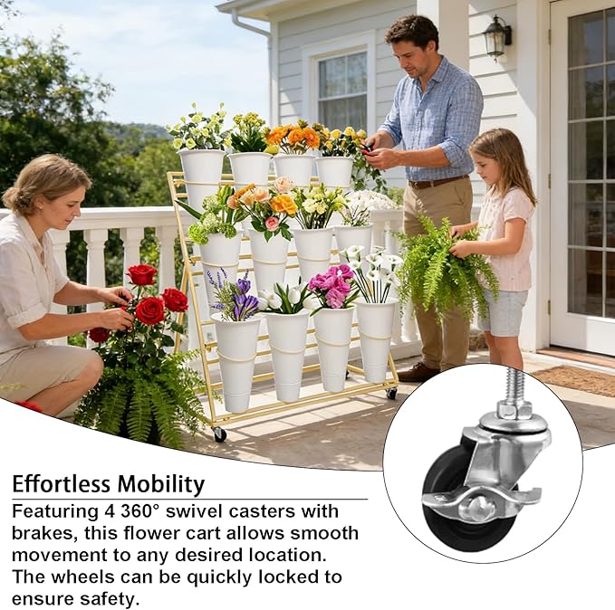 3-Tier Flower Display Stand with 12 Buckets, Heavy Duty Metal Flower Plant Cart with Wheels, Indoor Large Capacity Flower Bar Florist bucket Rack, Moving Florist Bouquet Shelf for Wedding Garden (D, 39.6*23.7*40.6in)