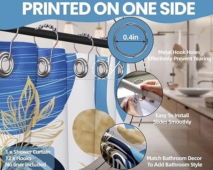 Light Blue and Black Shower Curtain Boho Mid Century Sky Blue and White Shower Curtains for Bathroom Decor, Waterproof Cloth Fabric with Hooks, 70" W x 72" L