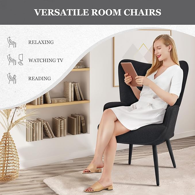Furnimart Faux Fur Black Accent Chair Wing Back Modern Living Room Chairs, Comfy Armchair Leisure Vanity Guest Chair for Office Vanity Bedroom Waiting Room Black Faux Fur