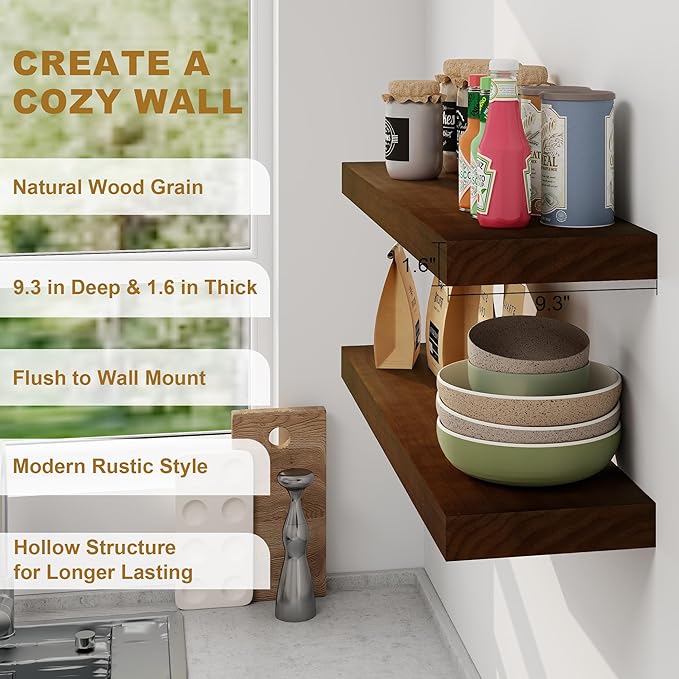 Fun Memories Floating Shelves, 9.3 Inch Deep Solid Pine Wood Wall Shelves for Storage, Rustic Wall Mounted Display Shelf with Invisible Heavy-Duty Metal Bracket, 55 Inch Width, Walnut