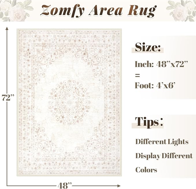 Area Rug 4x6 Vintage Rug: Washable Indoor Medallion Rugs Low Pile Distressed Floor Carpet Retro Accent Rug for Living Room Bedroom Kitchen Dining Table Home Office(Distressed Beige, 4'x6')
