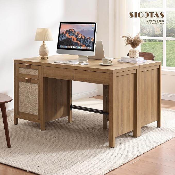 SICOTAS 55" Rattan Desk with 3 Drawers - Wood Office Computer Desk with Storage Modern Boho Home Office Desks with Side Cabinet - Large Executive Desk Study Table for Bedroom, Living Room, Oak