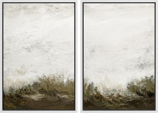 IDEA4WALL Framed Canvas Print Wall Art Set Grunge White Brown Color Field Landscape Abstract Shapes Illustrations Minimalism Decorative for Living Room, Bedroom, Office - 16"x24"x2 White