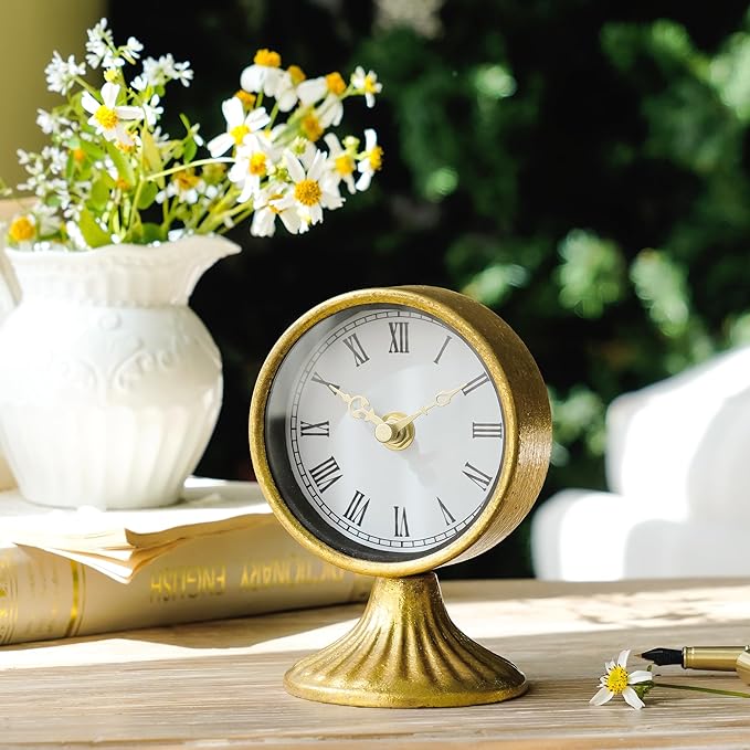 NIKKY HOME Vintage Table Clocks, Small Desk Clocks Decorative Gold Desk Shelf Clock Silent Non-Ticking Battery Operated Clock for Bedroom Living Room Decor
