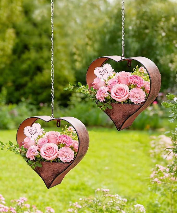 Metal Plant Hangers Indoor and Outdoor: Valentines Day Gifts for Her Wife Women Mom Garden Lovers Birthday - Heart Shape Hanging Planters for Window Wall Living Room Office Decor(2 Pack)
