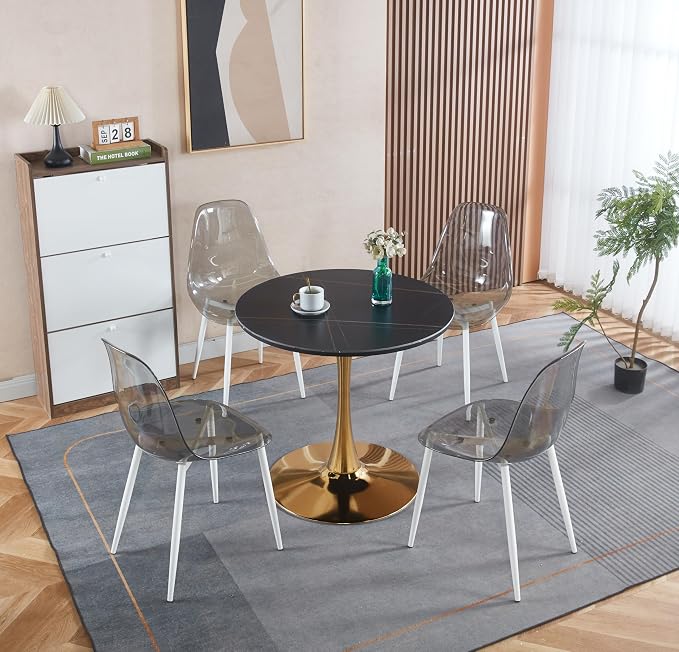 Round Tulip Kitchen Table, Modern Black & Gold Marble Tulip Dining Table with Pedestal Base, Space-Saving Tulip Table for Small Spaces, Office and Cafe