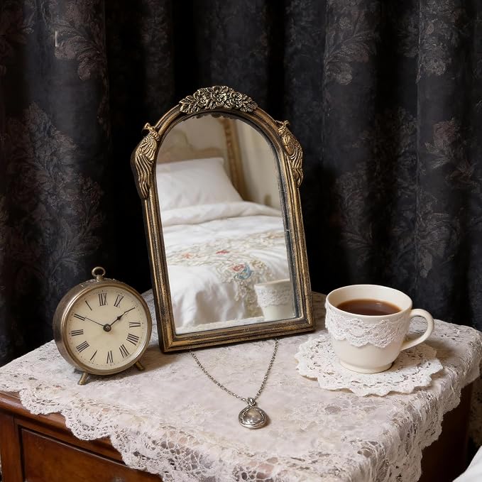 Vintage Vanity Desk Mirror -10x7Inch Wall-Mounted & Tabletop Decorative Ornate Gold Accent Retro Makeup Mirror for Bedroom Dresser Living Room Bathroom Dorm Champagne Gold