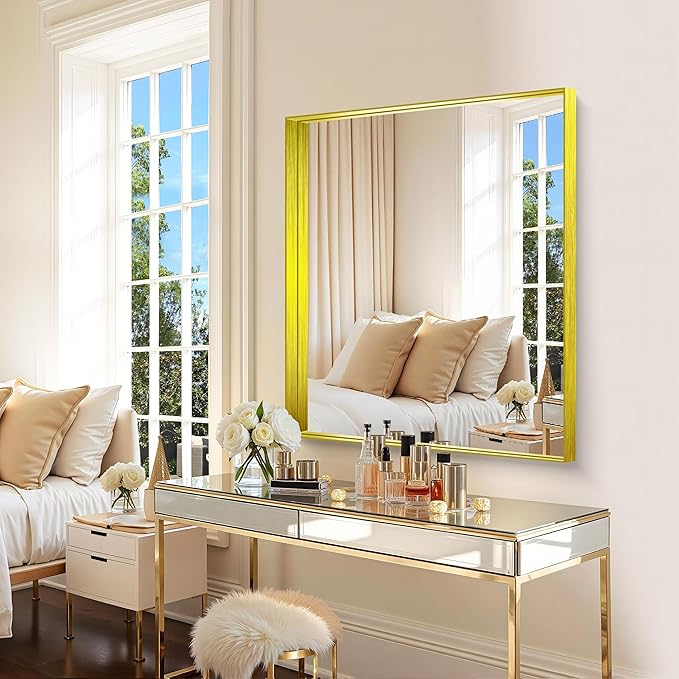 CIRCUMI Gold Bathroom Mirror, 30"x36" Rectangular Mirror with Deep Metal Frame, Brushed Finish, Tempered Glass, Mirror for Wall, Oversink, Bedroom, Installed Vertically/Horizontally, Crystal-Clear