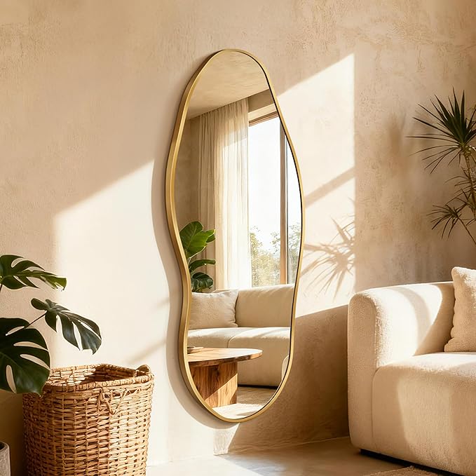 Mirror Full Length - Irregular Full Body Wall Mirror Hanging 55"x 23" Asymmetrical Aviation Aluminum Alloy Frame Unique for Bedroom, Living Room, Cloakroom, Entryway