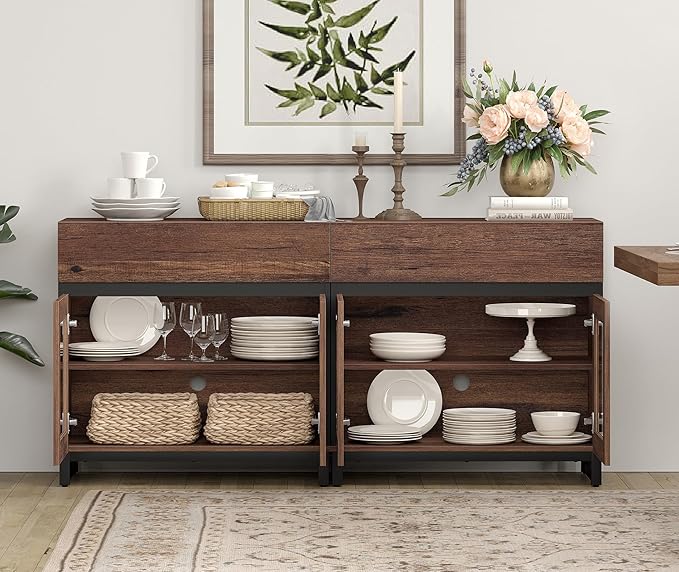 WAMPAT 63'' Multifunctional Sideboard Buffet Cabinets with 4 Glass Doors, Modern Sideboard Credenza, Coffee Bar Storage Cabinet for Living Room, Kitchen, Brown