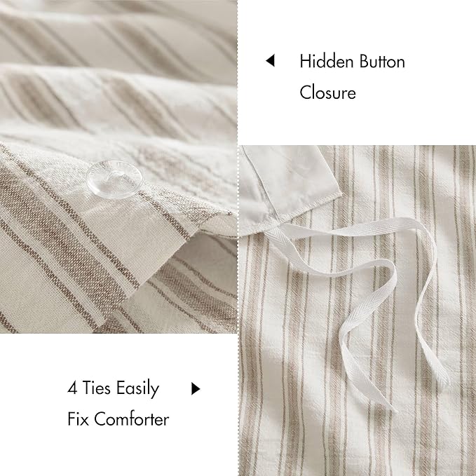 Madison Park Duvet Cover Set for Hot Sleepers - Linen Cotton Rayon Blend, Cal King Size 3 Piece Set with Shams - Lightweight & Breathable Bedding, Tan Striped Design