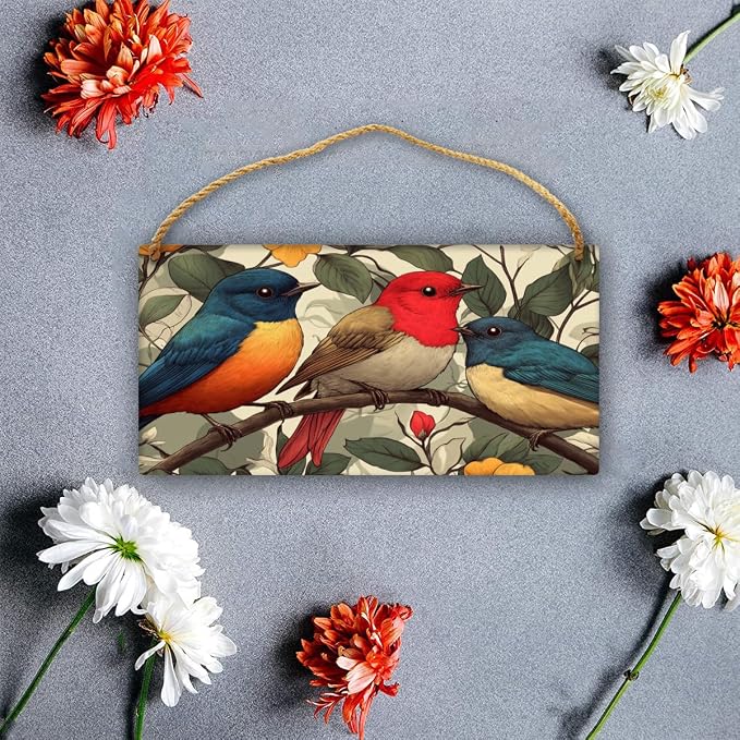 Traditional Birds Portrait Wooden Sign 12x6 Inch - Vintage Decor for Botanical Enthusiasts & Bird Lovers, Ideal for Spaces Celebrating Classic Nature Art