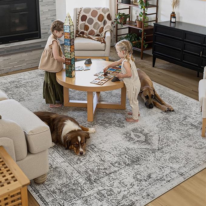 Area Rug 8x10 Vintage Rugs: Large Washable Indoor Medallion Rug Low Pile Distressed Floor Carpet Retro Accent Rugs for Living Room Bedroom Kitchen Dining Table Home Office(Grey, 8'x10')