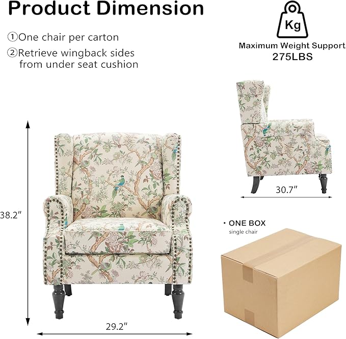 Wingback Chairs Set of 2, High Back Floral Accent Chair in Fabric, Comfy Upholstered Armchair with Nailhead Trim for Living Room, Single Sofa Reading Chair for Small Spaces, Bedroom-Bird