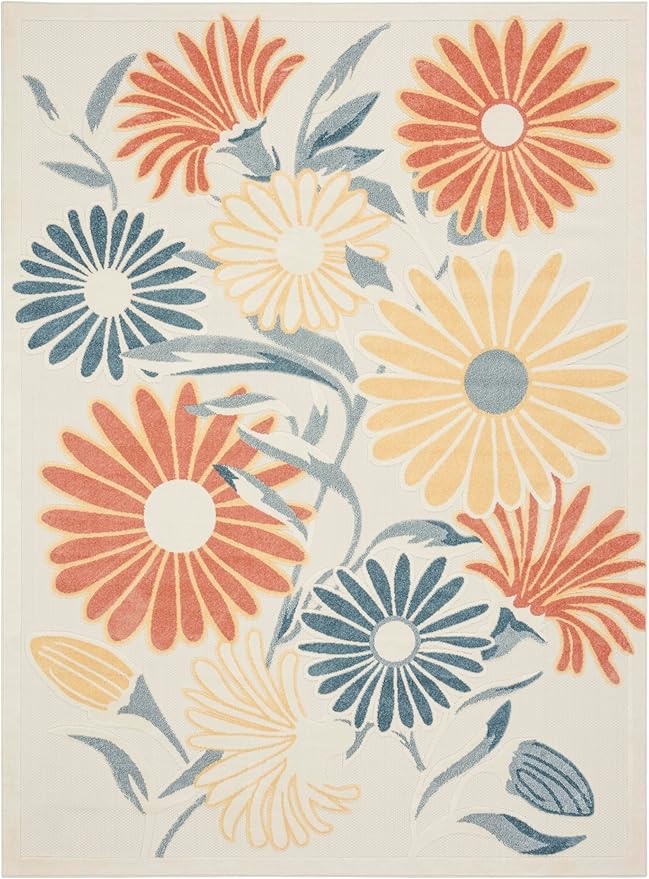 Nourison Home Aloha Ivory Rose 7'10" x 10'6" Area Rug - Easy Clean, Non Shedding, Bed Room, Living Room, Dining Room, Kitchen (8' x 11')