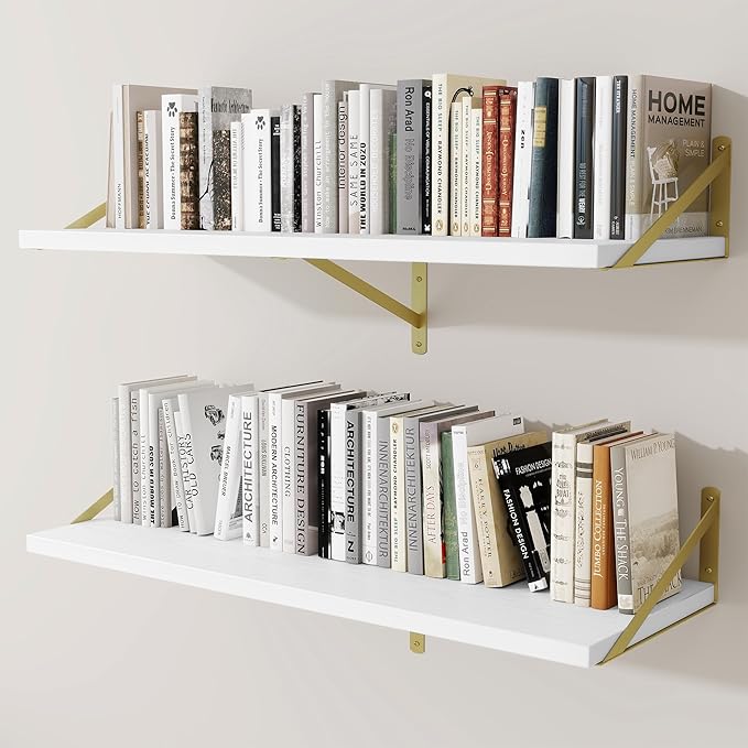 Deep Wall Shelves 40"W x 12"D Engineered Wood Floating Shelves for Wall, Sturdy Metal Bracket(Gold) Bookshelves Home Decor Storage for Living Room Bedroom Bathroom Kitchen, Set of 2, White Finish