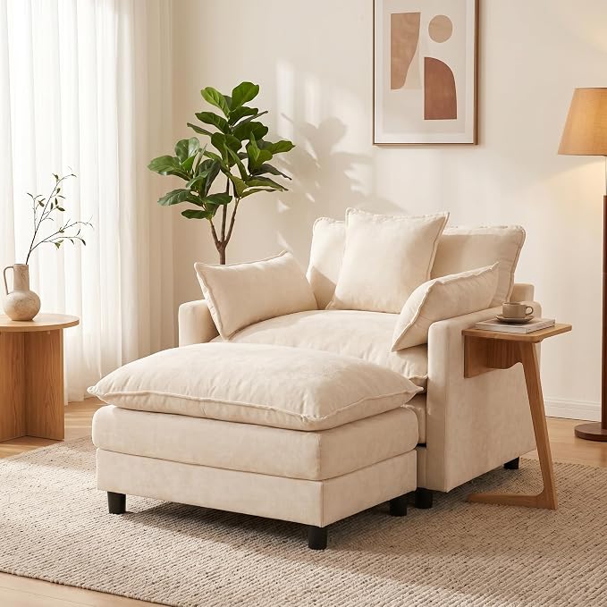 Oversized Accent Chair with Ottoman, Chenille Cloud Single Sofa Upholstered Double-Layer Seat Lounge Armchair with Pillows for Living Room Reading Apartment, Beige