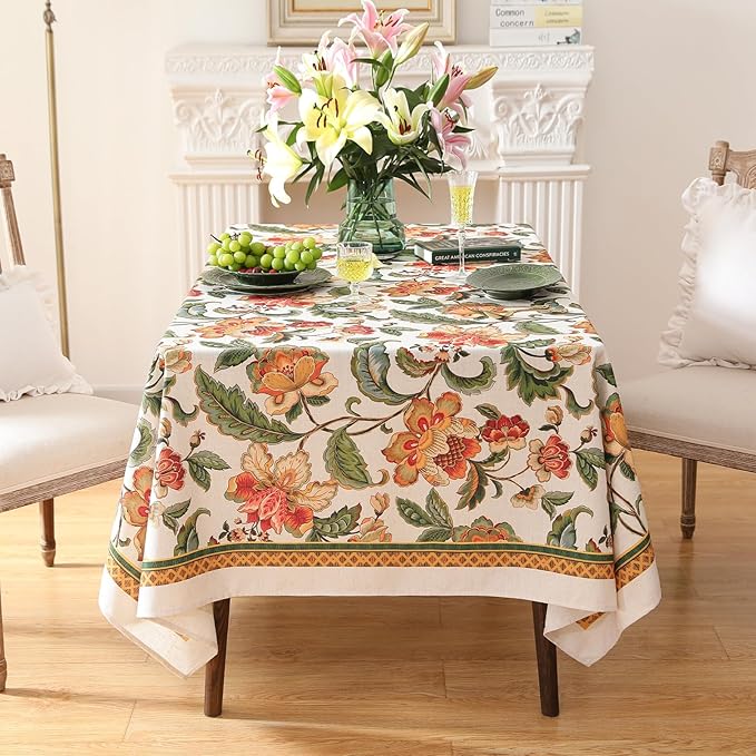 patdrea Designer Vintage Linen Rectangle Tablecloth,Provencal Rustic Floral Pattern Tablecloths,Decorative Table Cover Cloth for Kitchen,Dining Room,Tea Party,Home,Christmas,55"*87"