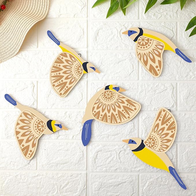 Barydat 5 Pcs Wooden Bird Wall Art Wood Flying Birds Wall Decor Rustic Folk Art Scandinavian Home Decor for Gift Living Room Bedroom Kitchen Office(Blue)