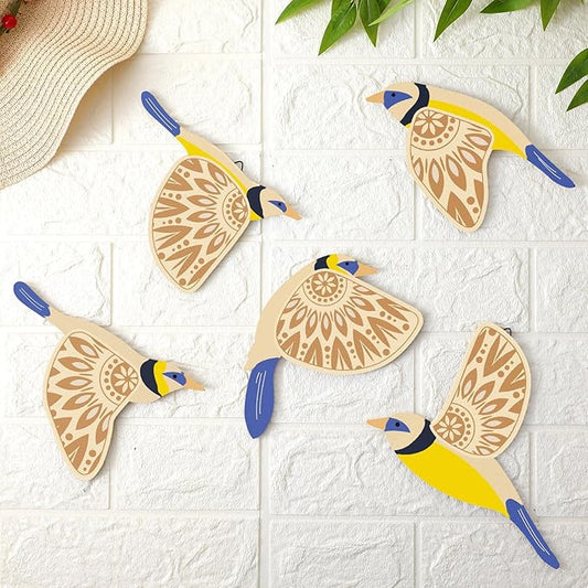Barydat 5 Pcs Wooden Bird Wall Art Wood Flying Birds Wall Decor Rustic Folk Art Scandinavian Home Decor for Gift Living Room Bedroom Kitchen Office(Blue)