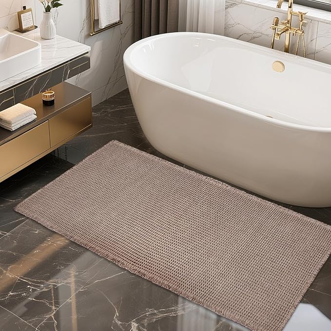 ZALL Tan Waffle Bath Mat,Super Absorbent Non Slip Bathroom Rug,Brown 24x48inch,Machine Washable Ultra Soft Floor Mats