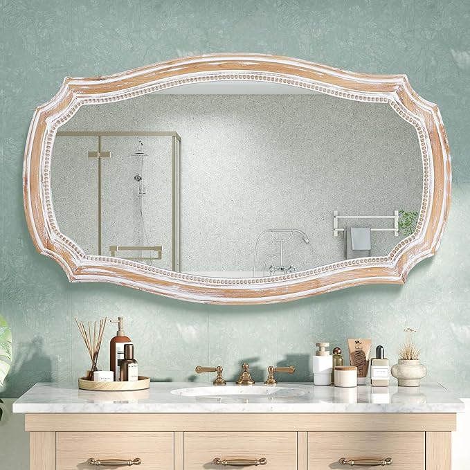 36x24 Inches Rustic Scalloped Wall Mirror, Baroque Irregular Curved Shape with Beaded, Distressed Wooden Decorative Hanging Mirror for Living Room, Bedroom, Entryway - Horizontal or Vertical