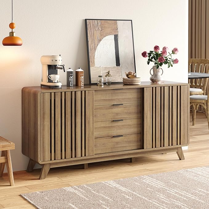 ONBRILL Sideboard Buffet Cabinet with Storage, Fluted Buffet Cabinet with Sliding Doors & 4 Drawers, Mid Century Modern Coffee Bar Wine Bar Credenza for Living Room, Kitchen (Natural Oak)